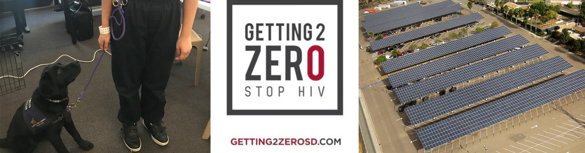 Training dog sitting at feet of a Probation youth, Getting 2 Zero logo and solar panels at a County facility.