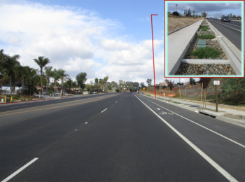 Repaved 2 lane road with inset image of improved drainage area