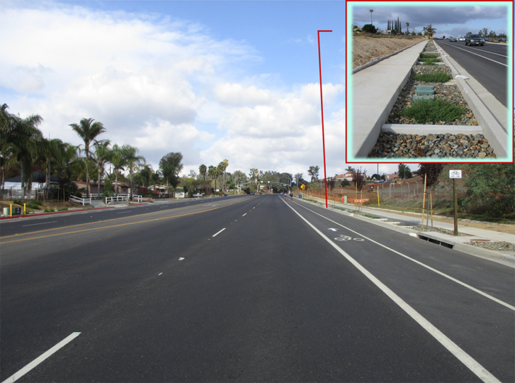 Repaved 2 lane road with inset image of improved drainage area