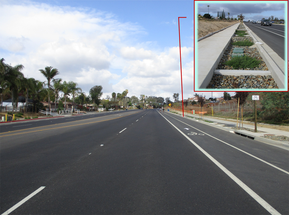 Repaved 2 lane road with inset image of improved drainage area