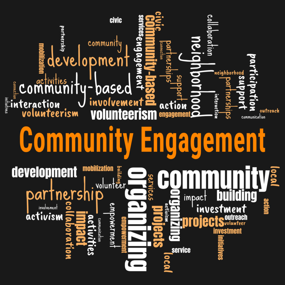 word cloud with "community engagement" in the center