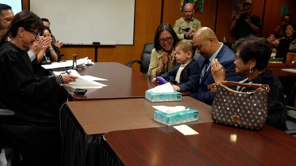 child sits between two adults at court hearing
