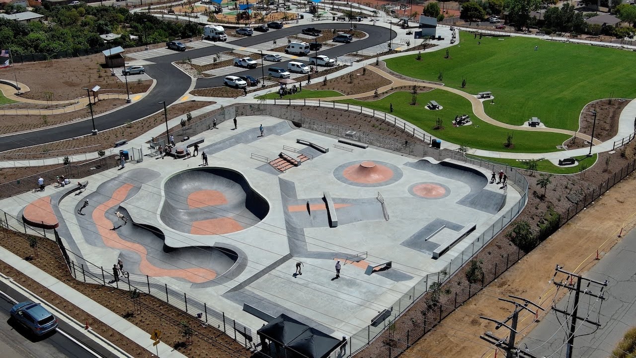 aerial of park with skaters
