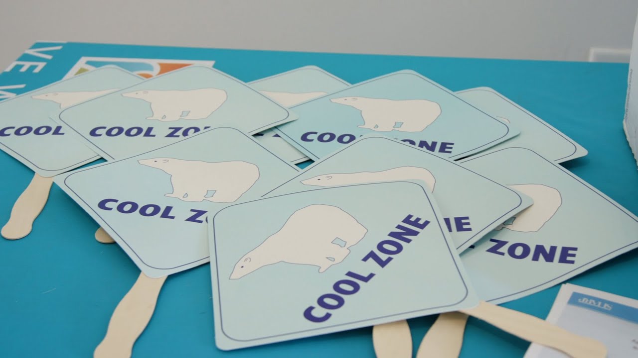 paper fans with a polar bear and "Cool Zone" printed on them