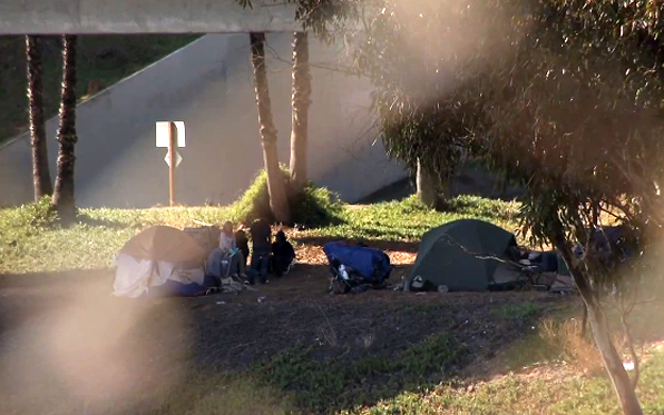 people experiencing homelessness in tents at a park