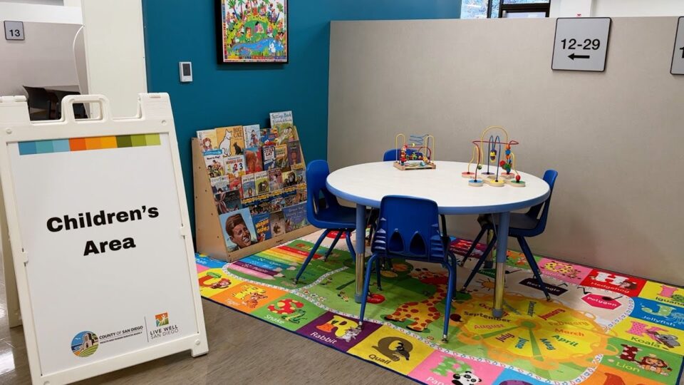 Room with small table and chairs, colorful rug, book shelf and "children's area" sign