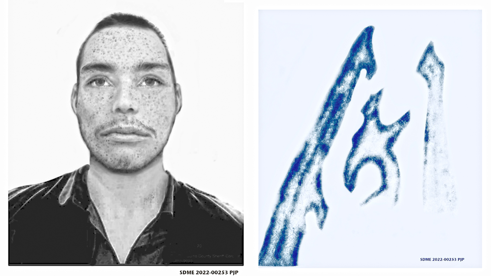 sketch of man ME's office needs help identifying and a sketch of a tattoo on his arm