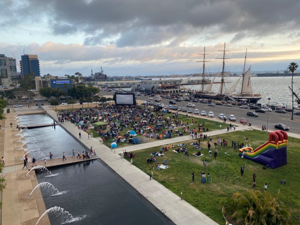 People watching movie at Waterfront Park