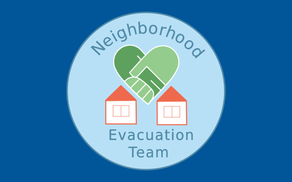 Logo for the Neighborhood Evacuation Team that shows two homes and the name of the program.