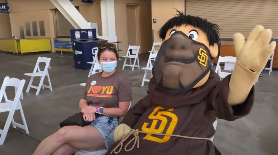 The Padre friar with a fan at Petco Park.