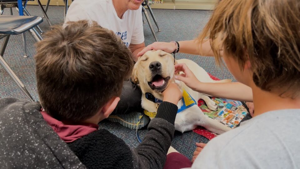 two children and adult pet a dog laying on floor
