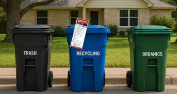 Grey, blue and green waste collection bins curbside on residential street with notice applied to one bin blue and green waste collection bins curbside on residential street with notice applied to one bin.