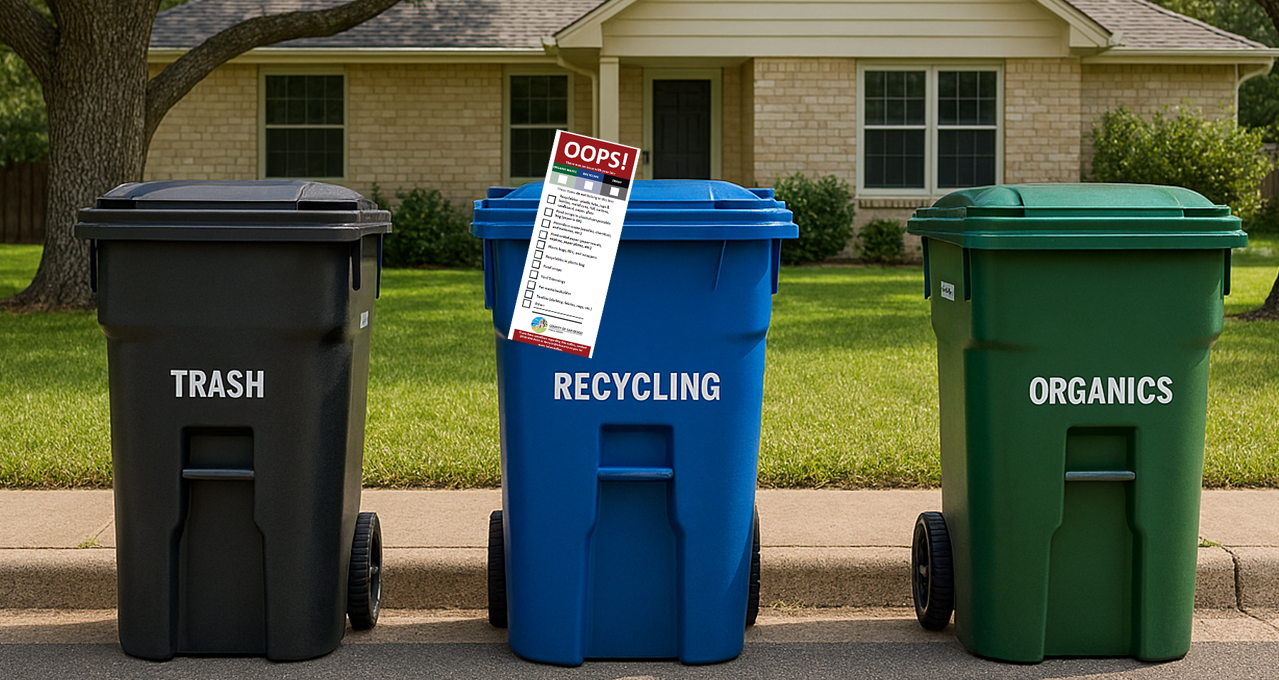 Grey, blue and green waste collection bins curbside on residential street with notice applied to one bin blue and green waste collection bins curbside on residential street with notice applied to one bin.