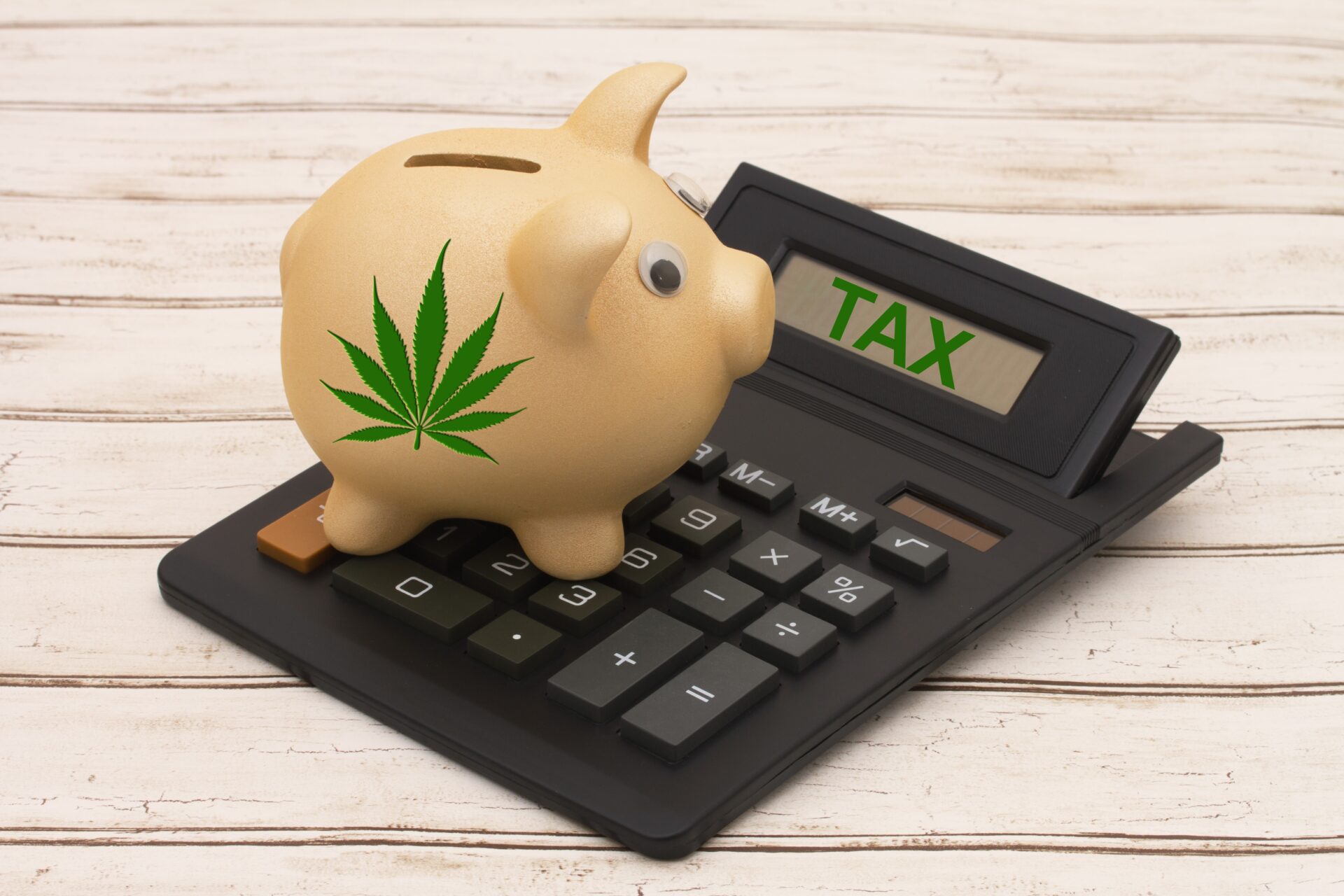 a piggy bank with a marijuana leaf on the side sits ontop a calculator