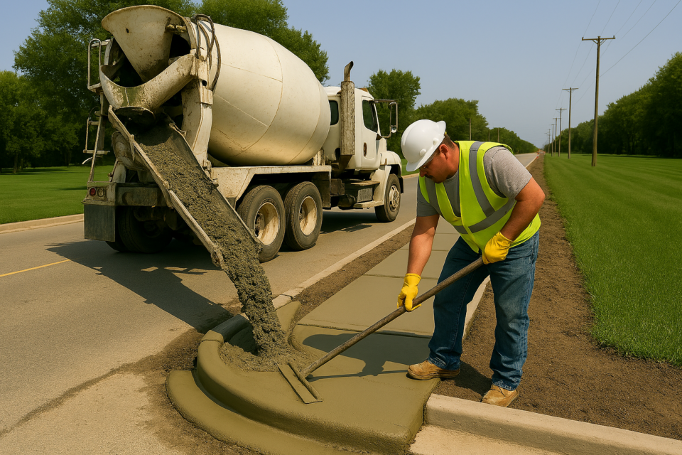 worker in hard hat and vest raking cement flowing from truck to sidewalk